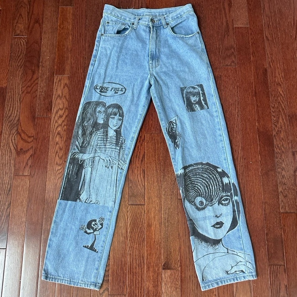 Handmade‎ Vintage Y2K Anime Light Denim Wash Jeans Uzumaki Grim Reaper Manga